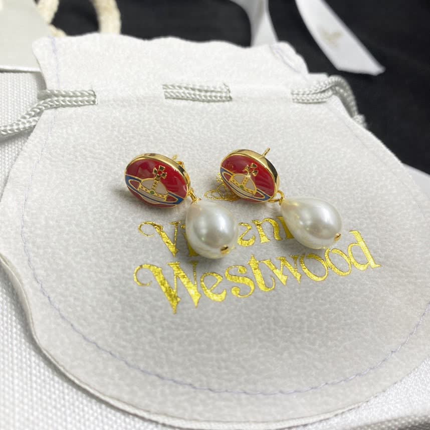 Vivienne Westwood Red Enamel Pearl Drop Earrings